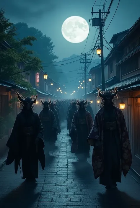  Ultra High Definition,  Hi-Res, Best Quality, Rear view, Overlooking,  Kyoto Streetscape、Night Parade of One Hundred Demons、Kimono Yokai 、multiple、quiet、