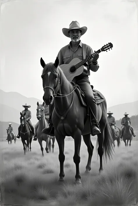  Create an image of a Gaúcho holding a guitar riding a horse , Im just around more horses and other Gaúchos too , The image must be horizontal and be a black and white retro painting 