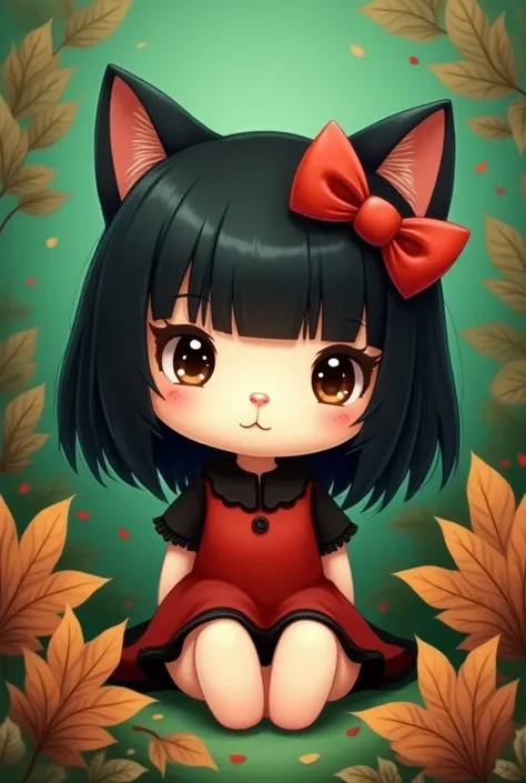 Create me an image of Hello Kitty with straight hair with a little bow and that her little leaves are brown with a green background and that she has a red and black dress, with black hair 