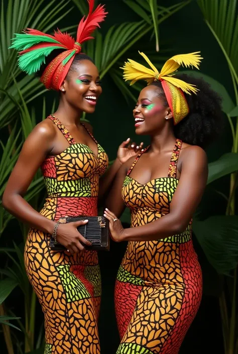  Two women dressed in traditional African costumes , With tight dresses and vibrant prints, pose with joy and cultural pride . Their outfits, Full of authentic colors and patterns, They are complemented by colorful accessories, like headscarves, that stand...