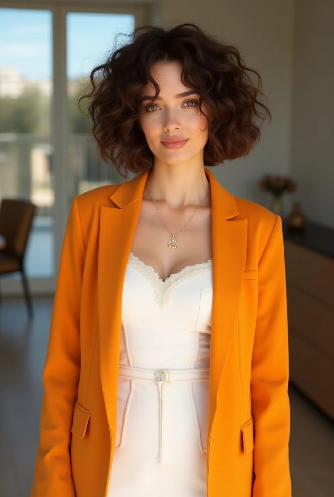 A full-body view of a woman with short, chocolate-colored curly hair in a chic, chin-length bob style. She is wearing a white dress paired with a vibrant orange winter blazer, creating a stylish contrast. The outfit highlights her warm, approachable aura. ...