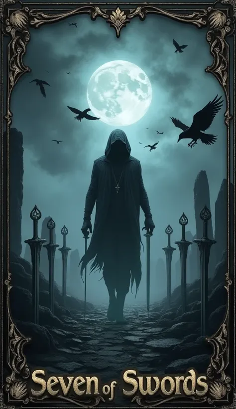  Here is a more detailed version focused on the symbolism of the angel Azrael for the  ** Seven of Swords **  in a Tarot of Death :

**prompt:**

>  Create a tarot card titled  ** Seven of Swords **  for a Tarot of Death ,  highlighting the presence of the...