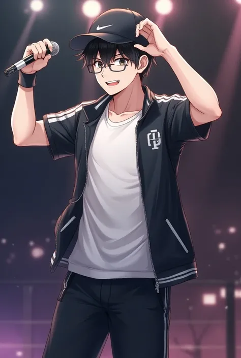 anime、 stage、 handsome、kind、cool、 cool、male、 black hair、 sidecut、 white skin、Smooth skin、 shiny hair 、Unshaven、smile、Black Cap、 black tennis jackets、 white t-shirt 、black tennis pants 、 Im talking about 、Sing、Figures dancing