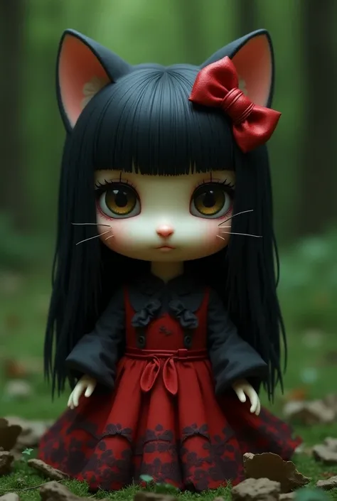 Create me an image of Hello Kitty with straight hair with a little bow and that her little leaves are brown with a green background and that she has a red and black dress, with black hair, But let it not look so charitable but rather that it looks like an ...