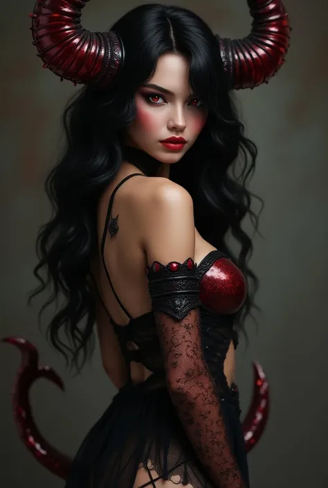 demon Beautiful girl with wavy long  black hair hair, with poppy red eyes wearing demon style outfit ,with horns and tail