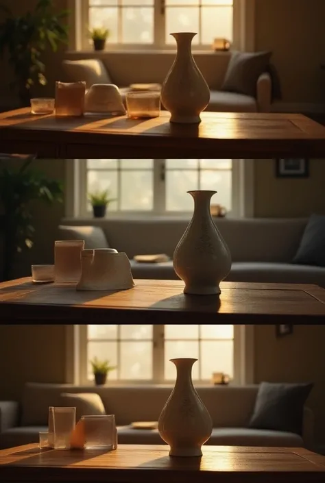 3 photos of the same vase in a house at different times of the day: one at dawn, another at dusk and one at dusk