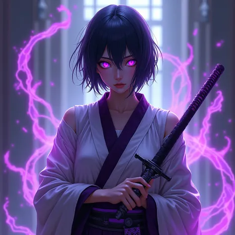 black short hair woman, with purple eyes neon ,  and katana in the hands with purple fire and a challenging look