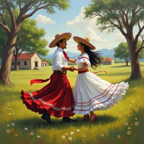 Create a realistic painting of a couple dancing folklore Ella in white huipil with hat and hands back on a field surrounded by trees and houses in Texas 