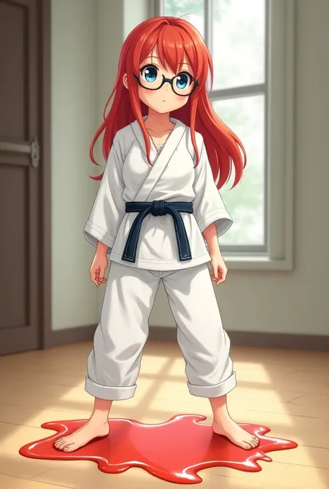 anime 19-year-old girl with long red hair, blue eyes, glasses, wearing a karate gi and with her bare feet stuck to the floor in a puddle of glue.