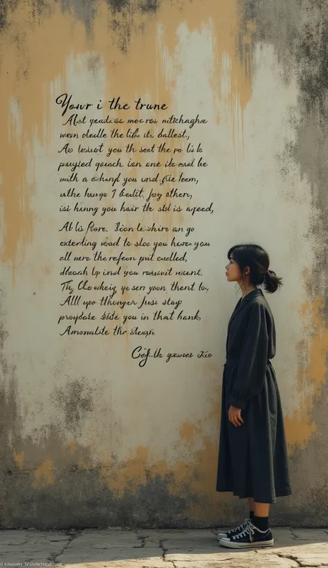 A woman looks at the wall of a building where she finds a poem with small letters.