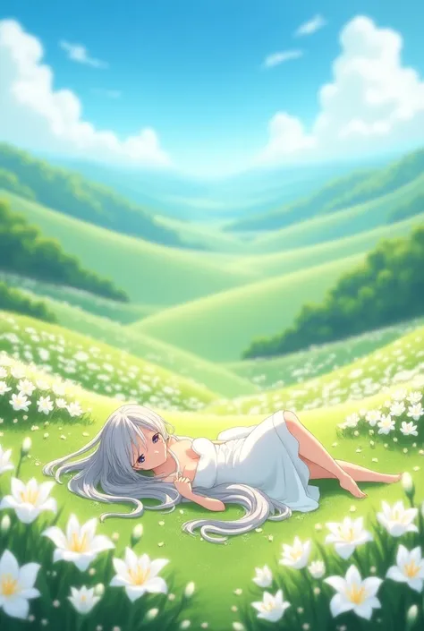 1girl, isumi sagiri from Eromanga Sensei, laying on valleys of lily