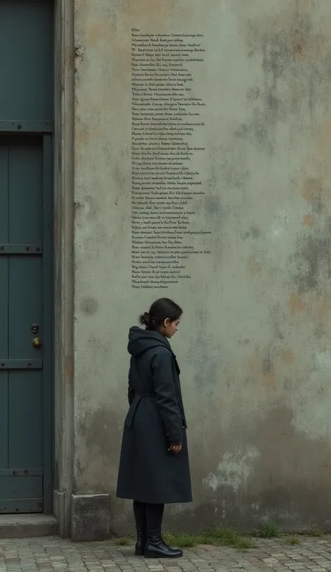 A woman looks at the wall of a building where she finds a poem with incomprehensible small letters.
