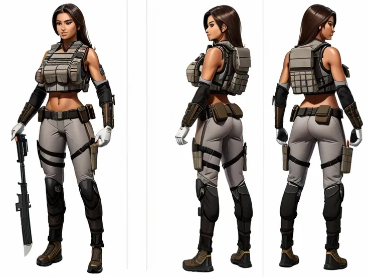 ((Best Quality)), ((Masterpiece)), ((Realistic)) 27-year-old, Navajo, neck length hair, confident smirk ((athletic)) (small breasts), (Tanned Bronze Skin), ((( gray tactical suit, bulletproof vest, gloves, utility belt, Holsters that contain both pistols a...