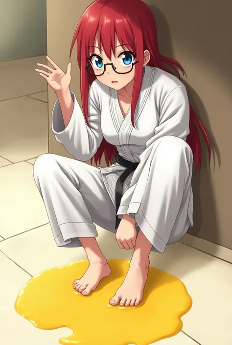 anime 19-year-old girl with long red hair, blue eyes, glasses, wearing a karate gi and with her bare feet stuck to the floor in a puddle of yellow glue, lifting her right foot with a gooey strand attached to her sole.