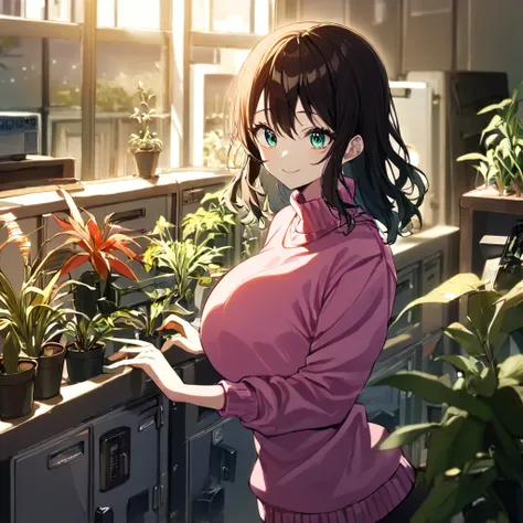  1 girl, okumura haru,  Wearing a Pink Sweater,  Taking Care of Plants ,  Looking at Camera , (masterpiece),  Movie-like , Beautiful light, Best Quality, up to date, safe, Absurd Big Breasts 　Busty　Super big breasts　smile　Ballet