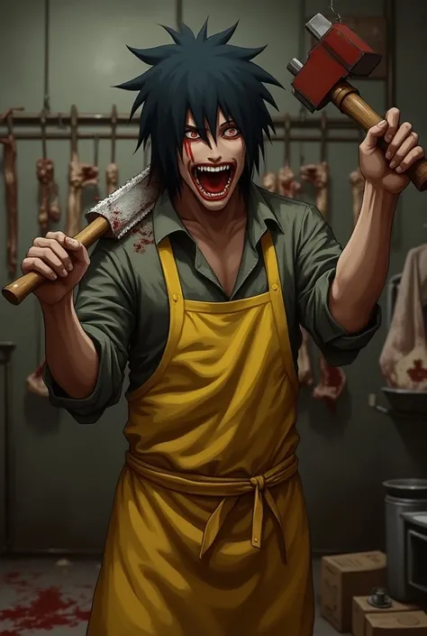 An emo with the hair of Sasuke Uchiha , red eyes,  vampire fangs ,  Laughing out loud , with a hammer in hand,  with a yellow apron  , with a chainsaw in his hand splitting a young hippie in half in a slaughterhouse with people dismembered and crucified on...