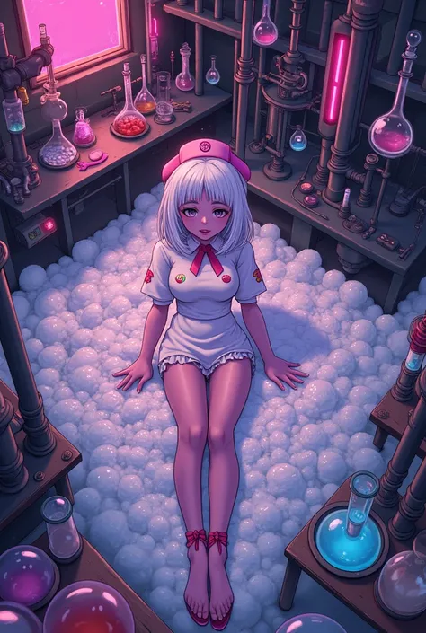 (Ultra-detailed face, Looking away, Fantasy Illustration with Gothic, Dark tone colors, Perspective looking down from above), BREAK 
(A dark elf woman is slumped on the floor in a daring pose, her body enveloped in colorful rainbow-colored bubbles that hav...