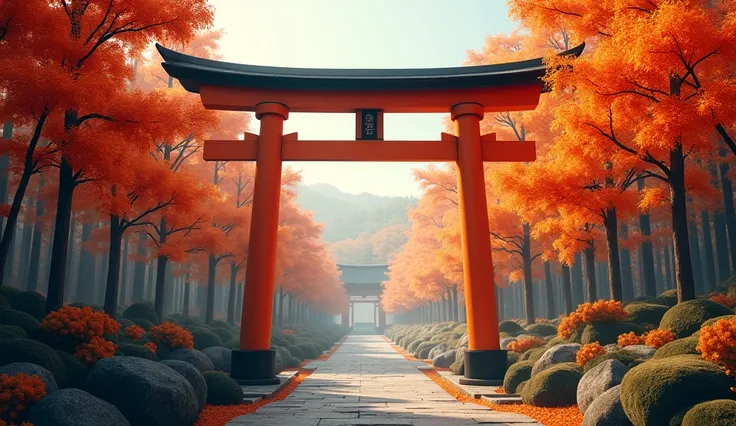 Realistic, high resolution, orange torii gate japan, maple trees, authumn atmosphere 