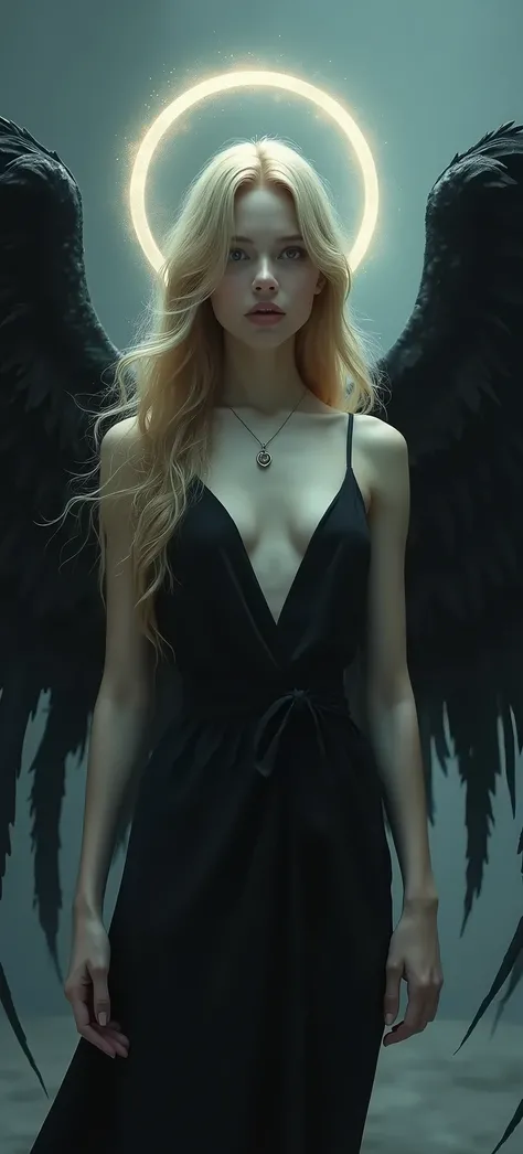 A blue-eyed blond girl with white skin ,  who wears a black dress and a black halo with her black angel wings 