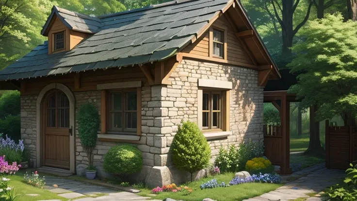 a small stone cottage with a tiled roof and a stone walkway, cottagecore!!, cottage in the woods, cottagecore, little cottage, idyllic cottage, cottagecore hippie, cottage in the forest, cottage, flowery cottage, home and garden, a brick cabin in the woods...