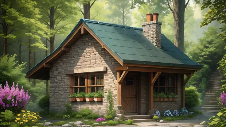 a small stone cottage with a tiled roof and a stone walkway, cottagecore!!, cottage in the woods, cottagecore, little cottage, idyllic cottage, cottagecore hippie, cottage in the forest, cottage, flowery cottage, home and garden, a brick cabin in the woods...