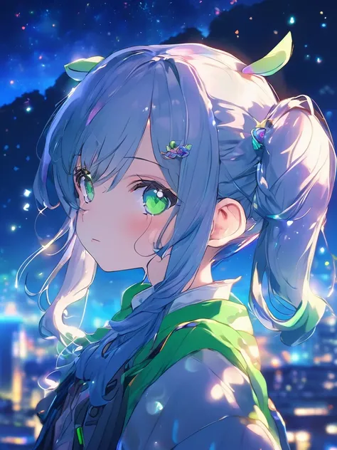 Profile focus ,   eyes focus  ,   cute face, masterpiece, Best Quality,   sharp concentration ,  Ultra-high definition,   1 girl,   beautiful green hair twin tails,   multicolored lights  , Sparkling Blue Eyes, Blue Night,  upper body, Night view,