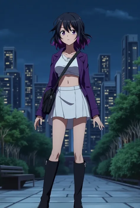 Screenshot from My Hero Academy of a girl with short wavy black hair with purple locks and purple slanted eyes and who has a serious expression, wears a white croptop, a purple jacket and a tight white skirt, wears long black boots, wears a black bag, acce...