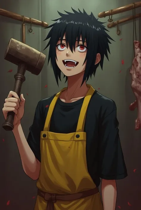 An emo with the hair of Sasuke Uchiha , red eyes,  vampire fangs ,  Laughing out loud , with a hammer in hand,  with a yellow apron  ,with a black t-shirt, with a chainsaw in his hand , murdering a young man by breaking him in half in a slaughterhouse with...