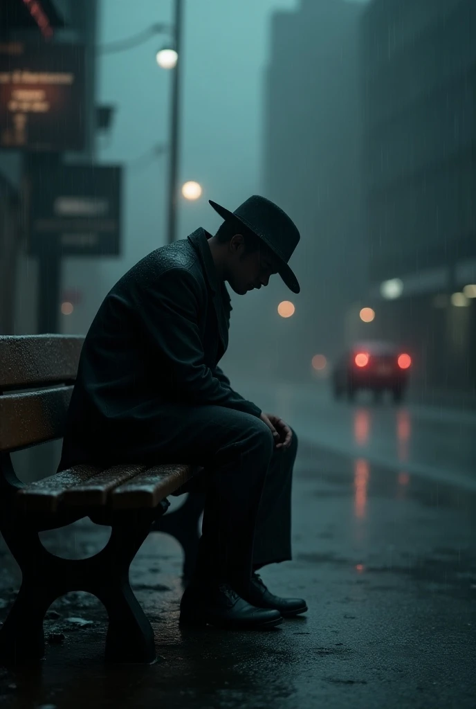 Man sitting on a bench in the rain 