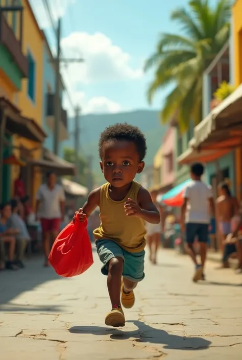 black boy, Running with a red bag in her hand, on the streets of Rio de Janeiro