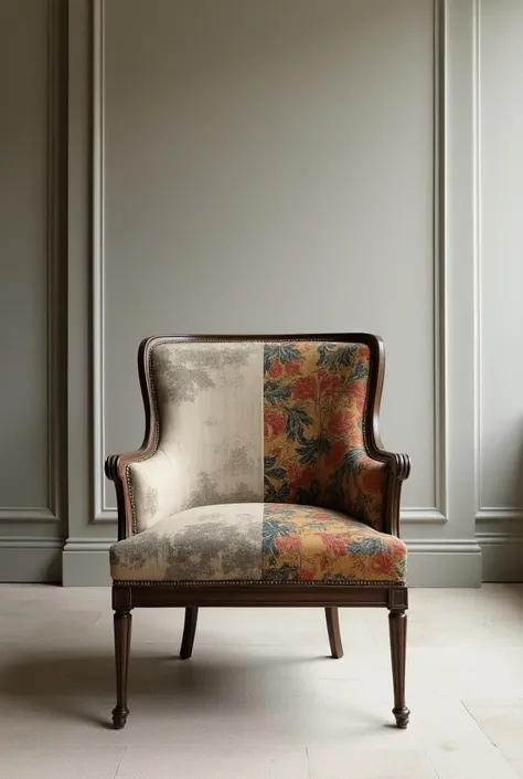 A chair divided into two ,  where one side appears with old upholstery and on the opposite side it appears with new tapestry.  The chair must be in a modern dining room style .