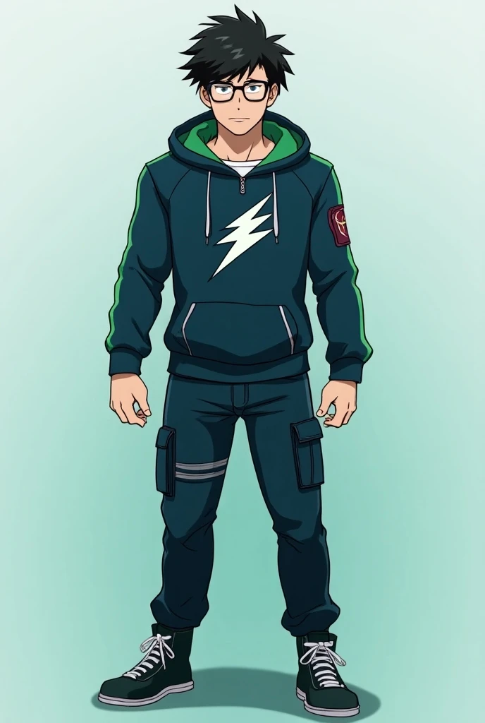  Francisco is a 33-year-old man with an athletic build , with 60kg , 1.64cm tall , short Chinese hair ,  beard and small rectangular 3-piece lenses that an anime-inspired uniform must have "My Hero academia".  The description of the uniform is the followin...