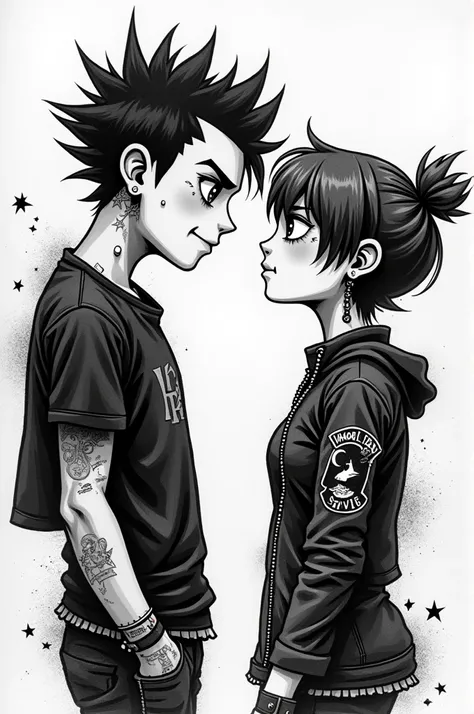 Black and white paper drawing of punk couple looking at each other 