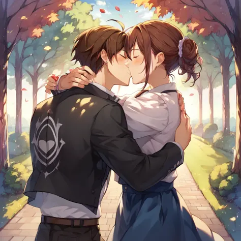  anime couple hugging each other in the fall at the park ,   Couple pose  ,  Sakimi-chan and Frank Franzetta, Sakimi-chan, 🍁 cute, ( ( ( Yoshinari  ) ) ), kissing together cutely,   visual novel key visual  ,  Makoto Shinkai and ArtJam , smooth anime cg ar...