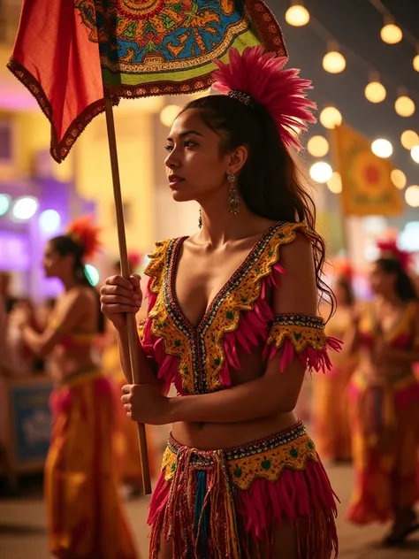 A woman as a porta-bandeira in a vibrant carnival parade, holding an elaborate flag with intense colors and ornate patterns, wearing a stunning, traditional costume adorned with feathers, sequins, and intricate embroidery, shimmering under the lights, radi...