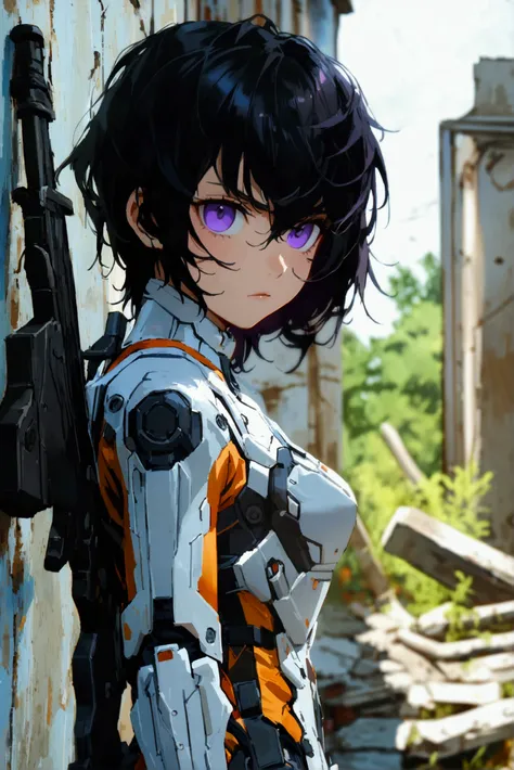  15-year-old teenager . Black hair and purple eyes . with a stern look ,  taking cover behind a wall of a dilapidated installation.  He wears a futuristic augmented suit , holding a rifle.