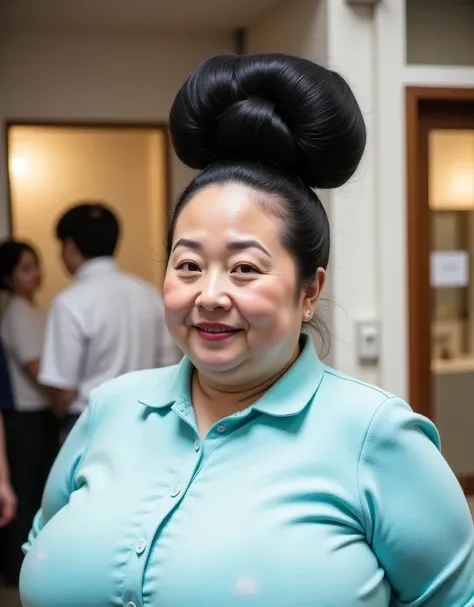 8k,Best Quality, masterpiece,  super high definition,(masterpiece:1.6, Best Quality),  intricate detail , 1 female, Middle-aged woman in her 50s, Japanese, full body,On the head,(( huge bun hair , Big Hair Bun :1.５)), (( Jet Black Hair )) ,((amount:1.5)), ...