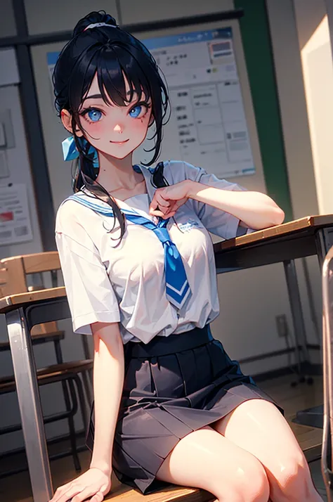 student, Japanese classroom, morning, sitting on the wallets ,  one arm on the table and the other resting on your arm, white, smiling,  black hair ,  ponytail hair,  glowing eyes , blue eyes, 4K, UltraHD