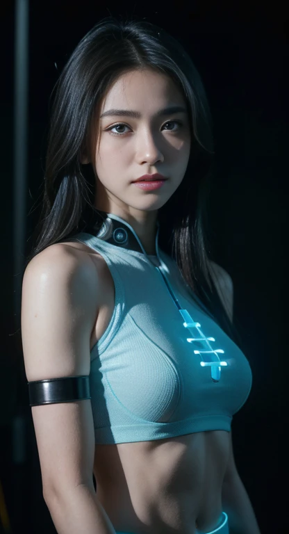 8K,(looking at camera)， masters work, complete figure, focusing on calves, 18 years old, wearing transparent science fiction clothes, exquisite faces, details, hands, ultimate details, amazing magnificent, LED internal lighting, Cyberpunk style, fiber fibe...