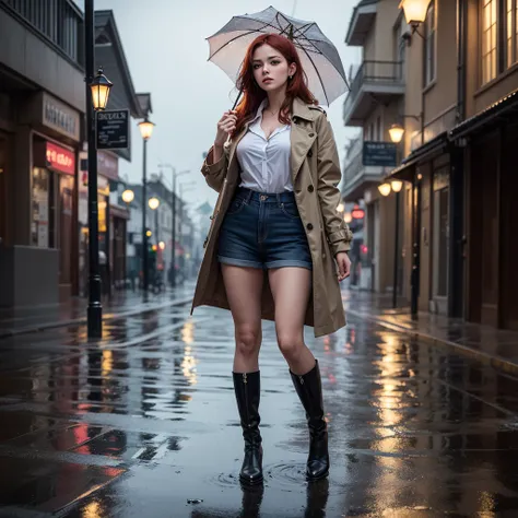 
A woman, age 22, natural medium-large breasts, long hair, red hair, Gorgeous and lush red hair, green eyes, stands on the rain-slicked street, her silhouette framed by the soft, hazy glow of streetlights filtering through the mist. Her umbrella is held hi...