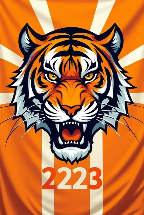 Create image to make an interclass flag with a tigers face and the number 223 all orange and white background