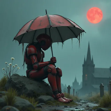 wasteland，A poor old robot sat on a rock, (umbrella:1.3)，(Holding an Umbrella with your hand:1.3)，(sit:1.2)，rust，Wearing tattered red armor，The skyline in the distance，Gothic，moss，A small white flower，cemetery，Gothic church，Blood red moon，Gothic elements，I...