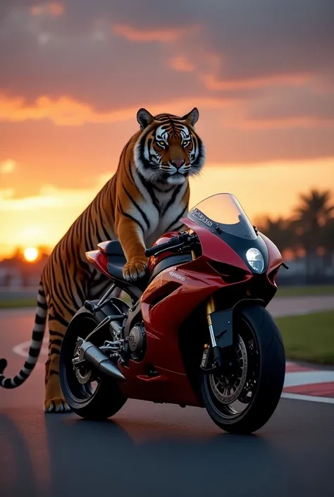 A majestic tiger positioned next to a gleaming racing motorcycle. The tiger is in an imposing stance, with its eyes focused, while the motorcycle, with its modern and aerodynamic lines, reflects a combination of power and speed. The backdrop is a racetrack...