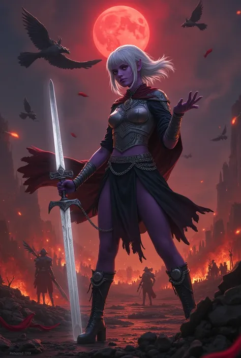 (Ultra-detailed face, Looking away, Fantasy Illustration with Gothic, Dark tone colors. Lots of soldiers. A number of flares launched into the jet-black sky, illuminating the area in a red ball of deadly fire.), BREAK 
(A female dark elf cleric is in the m...