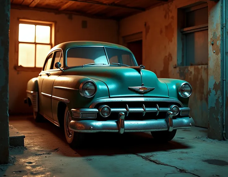 a chevrolet car parked in a garage of a house, intricate details, photorealistic, ultra-detailed, 8k, best quality, masterpiece, realistic lighting, dramatic shadows, chrome reflections, rust and wear, warm color tones, cinematic composition