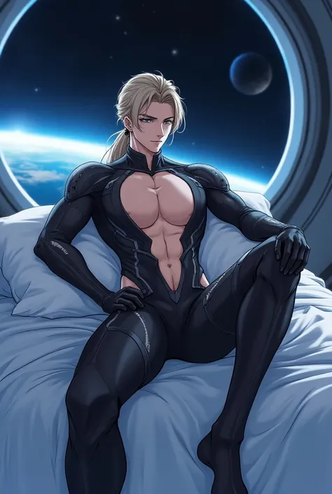 Male anime with long low ponytail, handsome, nineteen, sexy, in revealing space suit, siting on a space bed