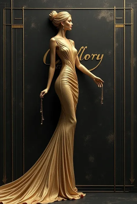 
[monogram "on"  stylish gold color combining fashion model holding dress,  represents elegance and style in fashion . ], [ Logo design ,  vintage style /retro,  embossed effect ], [ Art Deco inspired ], [ Gold metal finish ,  dark gray texture background ...