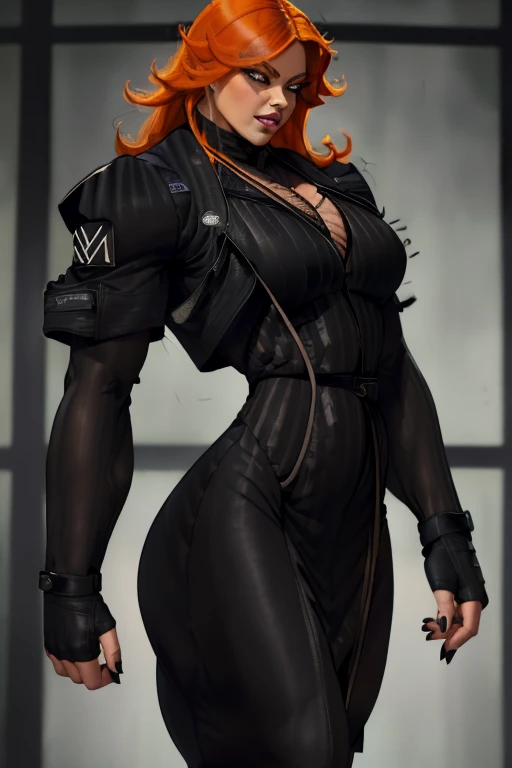 ((Close-up)), tall, (orange hair), beautiful muscular woman, long shaggy hair, white skinned, closed smile, large breast, (black lipstick), (massive muscles), (hyper muscle), (((ginormous bulky muscles))), green eyes, ((((Wearing long sleeve black jacket, ...