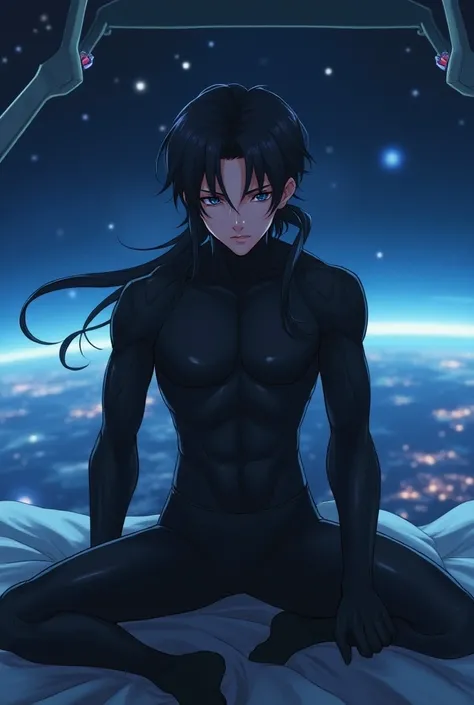 Male anime with dark long low ponytail, handsome, nineteen, sexy, in revealing space suit, siting on a space bed