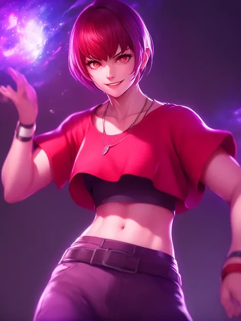  woman, alone, alone, athletic body, dressed in a red shirt and gray pants, smile but devilish look, in the background there is blue fire around the character, king of fighters style, looks seriously at the viewer, cinematic, Focus ultra sharp, award-winni...